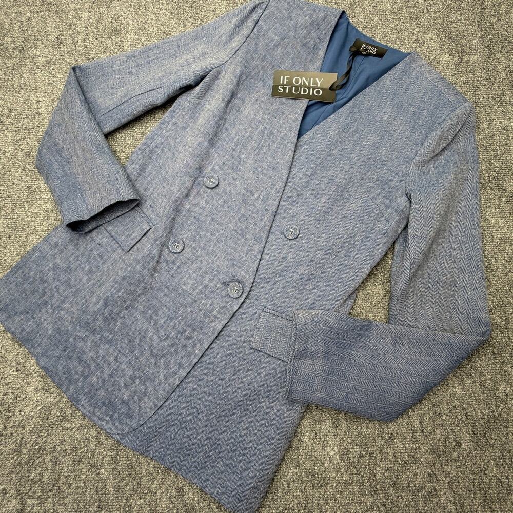 If Only Studio Womens Blazer Size 0 Blue Herringbone Linen Blend NWT